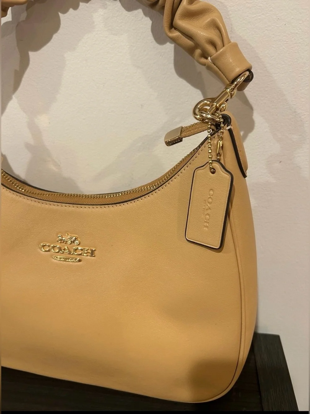 Coach Teri Hobo Tan Ruched-Handle Shoulder Bag with Gold Hardware